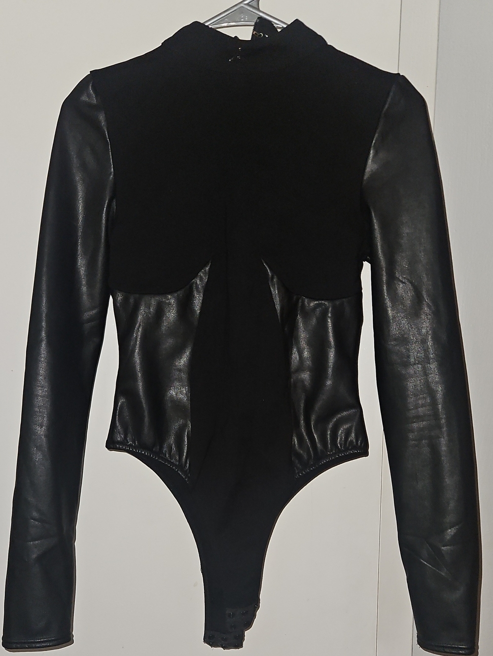 Maniere De Voir Black Mixed-Material Leather-Sleeve Bodysuit Jacket